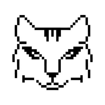 Pixel art cat face illustration with black outlines minimalist retro animal icon in 8 bit on white background vector