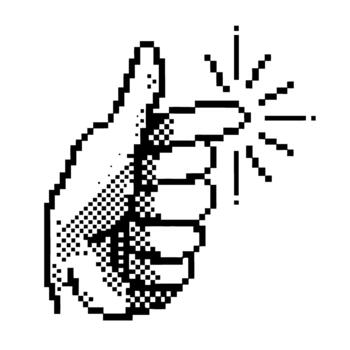 Pixel hand snapping fingers gesture with spark effect retro black and white pixel art illustration, digital pop art symbol vector