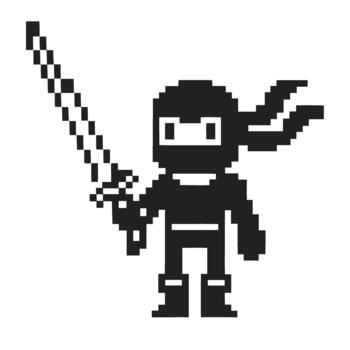 Pixel art ninja character with sword retro 8 bit game style, black costume, dynamic pose, side view avatar icon vector