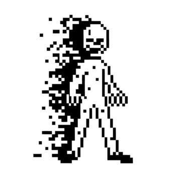 Pixelated human figure dissolving into digital particles, glitch effect abstract transformation, technology, retro game vector