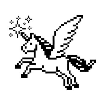 Pixel art winged unicorn with magic horn and sparkling stars retro fantasy animal, mythical creature, flying with open wings vector
