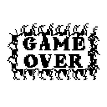 Retro pixel game over sign with dancing pixelated characters 8 bit black and white digital design, gaming nostalgia concept vector