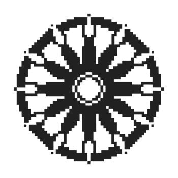 Geometric circular mandala pattern, black and white symmetrical pixel art design, radial abstract digital mosaic motif vector