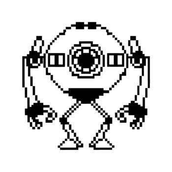 Pixel art robot with single eye, mechanical arms and legs retro digital character, futuristic technology, monochrome illustration vector