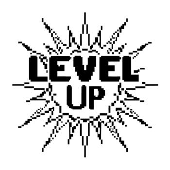 Retro pixel art level up text with dynamic sunburst rays, gaming achievement reward, 8 bit progress concept vector