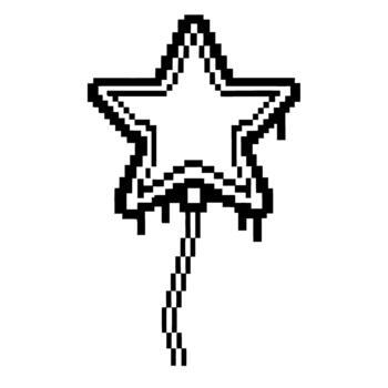 Pixelated magic wand with star tip, black and white outline retro digital fantasy icon, gaming and fairy tale element vector