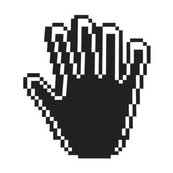 Pixelated cursor hand icon retro digital pointer, black and white glitch effect, computer symbol, user interface graphic vector