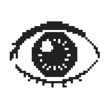 Pixelated eye icon in black and white, digital vision symbol, retro technology 8 bit style, isolated design element vector