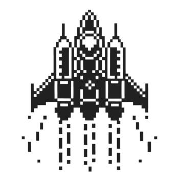 Pixel art spaceship taking off, retro 8 bit arcade game inspired rocket, black and white spacecraft launching upward vector