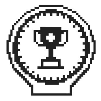 Pixelated trophy icon inside a round badge symbolizing achievement or victory, retro game reward or success level up vector