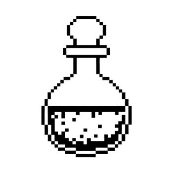 Pixel art potion bottle icon retro black and white alchemy flask with liquid, minimalist digital fantasy game element vector