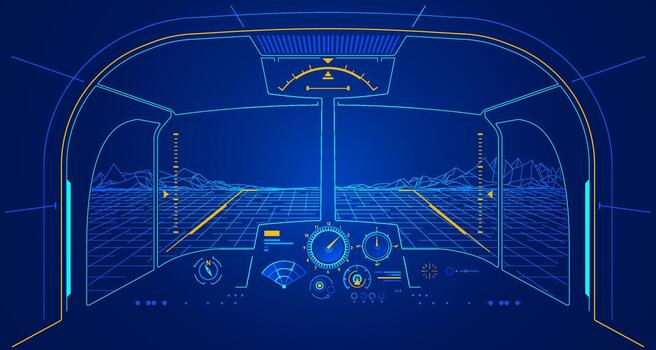 concept of aerospace technology or simulator, graphic of inside of cockpit presented with futuristic interface vector