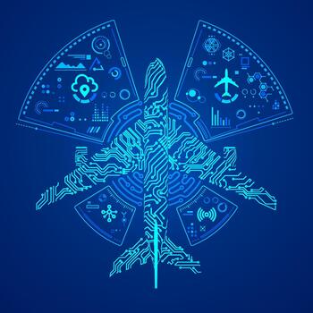 concept of digital twin or aviation technology, graphic of airplane shape combined with electronic pattern and futuristic element vector