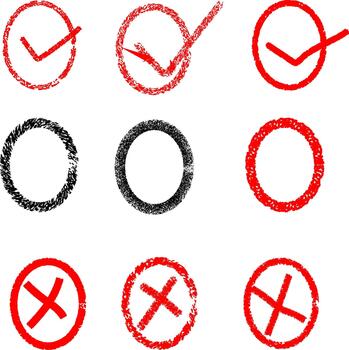 Checkmarks, circles, and cross icons Set of diverse hand-drawn symbols for choices and selections vector