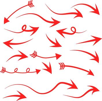 Collection of stylized red arrows in various curved and wavy shapes for graphic design elements and symbols vector