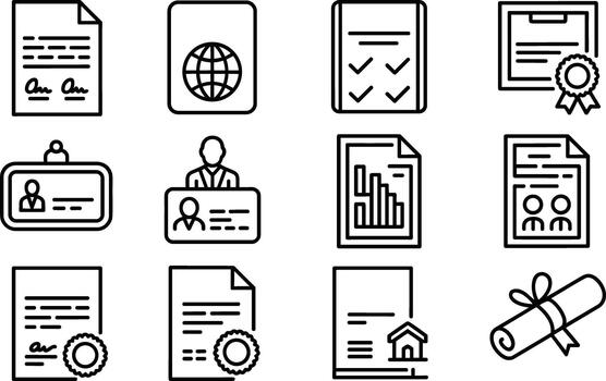 Document icons passport identification certificate diploma graph house. vector
