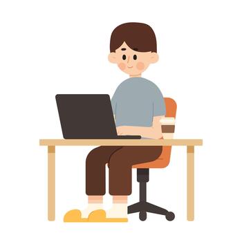 Flat design illustration of a young man working at a computer. Working space concept. Flat cartoon character illustration vector