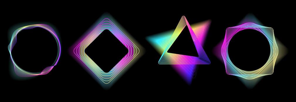 Set of glowing neon geometric shapes with gradient lines circle, triangle, diamond, and square, for digital design, user interfaces, music visuals, posters, and tech branding. illustration vector