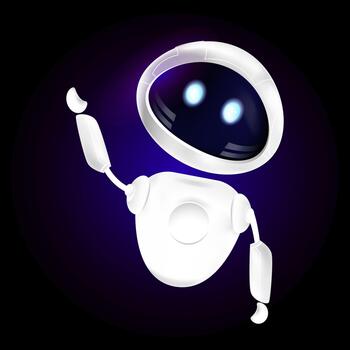 3D friendly robot character with glowing blue eyes and raised hand gesture on dark background, ideal for tech branding, app mascots, AI concepts, game design, and educational interfaces. vector