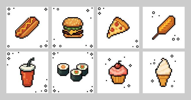 Set of fast food templates with pixel art food icons in a square layout, for mobile apps, games, UI design, cafe menus, fast food branding, bistro, packaging and digital content. illustration vector