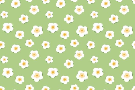 Seamless pattern with white minimal flowers and yellow centers on a soft green background. Simple floral design for spring textiles, wrapping paper, and decor vector