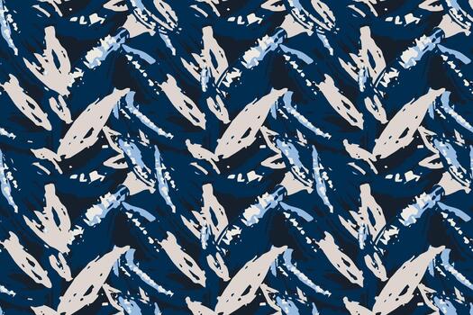 Seamless abstract pattern with dynamic brush strokes in navy, blue, and beige tones. Artistic textured design inspired by modern expressionism for fabrics and decor vector