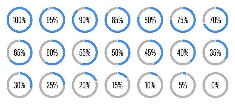 Template of blue and gray color fill pie charts indicator. Round graph loading progress set. Blue progress bars. Circle diagrams icons for infographics from 100 to 0 percent. Round percentage vector