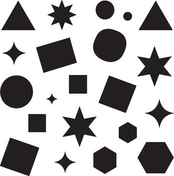 Collection of various black geometric shapes including triangles circles squares stars and hexagons on a white background vector
