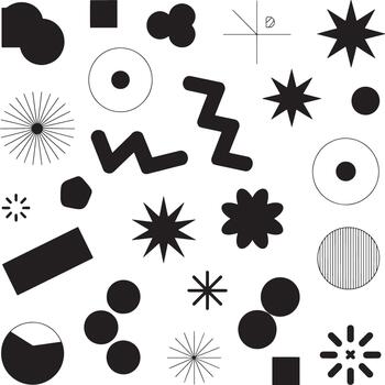 Abstract black and white geometric shapes and patterns collage featuring circles stars rectangles and zigzags for modern design vector