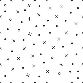 Whimsical hand drawn tic tac toe x and o pattern on white background simple doodle art abstract geometric shapes vector