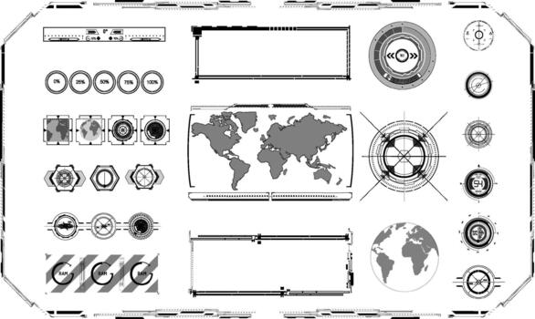 futurista interfaz diseño presentando mundo mapa, datos pantallas, y navegación elementos para digital aplicaciones vector