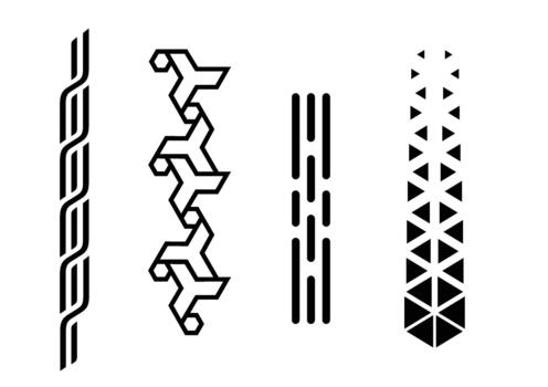 Set of abstract vertical patterns with geometric shapes and modern symmetry. Ideal for textile design, digital backgrounds, and graphic decoration projects. vector