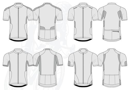 Set of technical cycling jersey sketches with front and back views. Includes various panel styles, seam lines, and pocket placements. Ideal for fashion design and sportswear mockups. vector