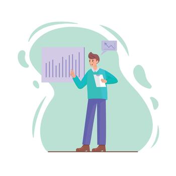A man standing in front of a graph pointing at him analyzes sales growth data, an employee analyzes a sales growth graph, a simple and minimalistic flat illustration. vector