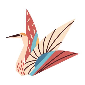 A colorful paper origami crane, a traditional japanese folded paper art form, in flat illustration style with geometric patterns and bright colors vector