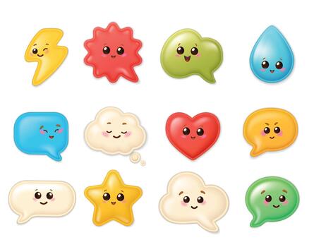 Cute 3D colorful puffy glossy kawaii stickers with smiling faces in various shapes on white background. vector