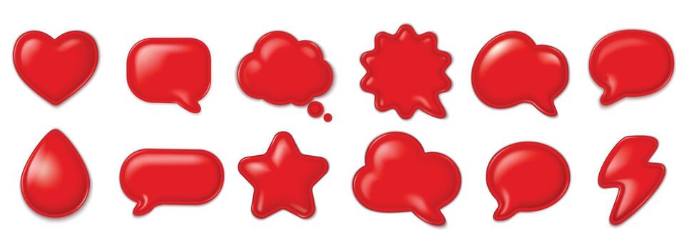 Realistic 3D red puffy glossy stickers in various shapes isolated on white background. vector