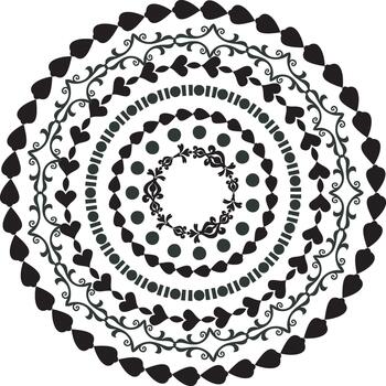Black and White Circular Decorative Pattern with Hearts and Vines vector