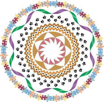 Circular design with puzzles ribbons and paw prints colorful background illustration vector