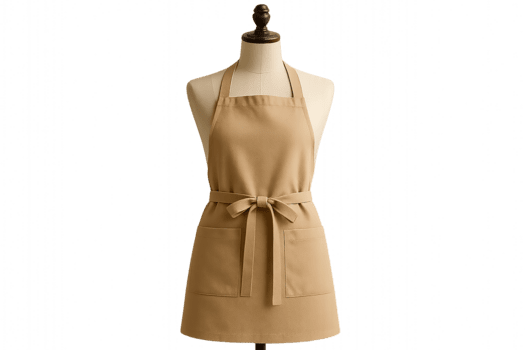 A simple beige apron with two front pockets and a tie belt, displayed on a mannequin isolated against a transparent background. Practical and functional for cooking or crafting png