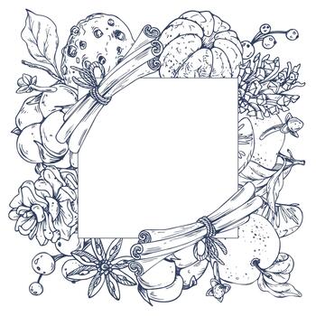 A Christmas wreath with pine branches, pine cones, tangerines, cotton candy, cookies, and berries. A hand-drawn line illustration. Square template with a frame for text and greetings. vector