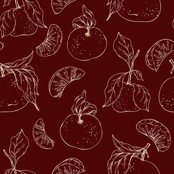 Hand-drawn seamless pattern with whole tangerines, slices and citrus leaves on a red. Delicate line art illustration is perfect for food packaging, recipe blogs, textile print and kitchenware design. vector