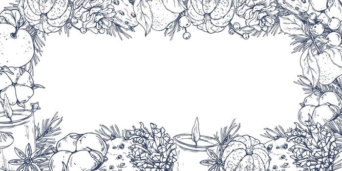 A Christmas wreath with pine branches, pine cones, tangerines, cotton candy, cookies, candle and berries. A hand-drawn line illustration. rectangular template with a frame for text and greetings. vector
