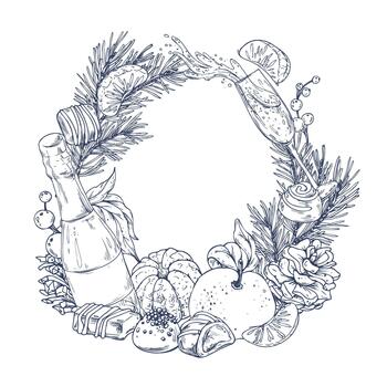 A Christmas wreath with pine branches, pine cones, tangerines, champagne, and chocolate. Graphic line art illustration hand-drawn in ink. Round template, frame for text and greetings. vector