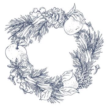 A Christmas wreath with pine branches, pine cones, tangerines, cloves, berries, and cinnamon. Graphic line art illustration hand-drawn in ink. Round template, frame for text and greetings. vector