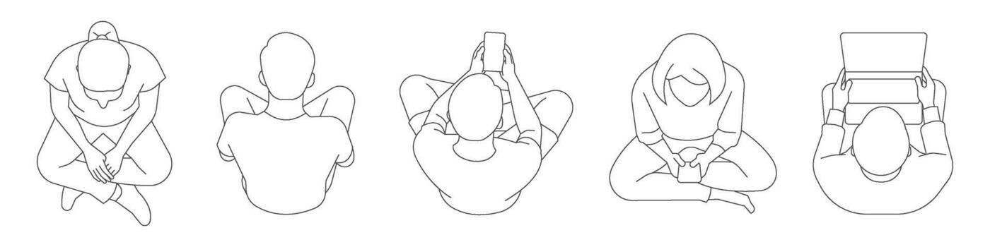 CAD drawing of people sitting on the floor and using smartphones and laptop with top view perspective, floor plan mapping architectural elements set illustration vector