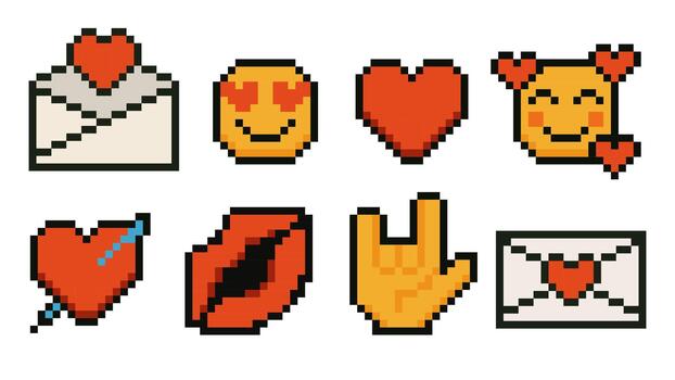 conjunto de vistoso píxel Arte amor íconos en retro 8 poco estilo aislado en blanco antecedentes vector