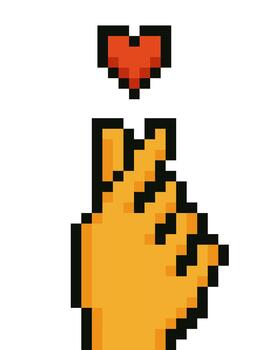píxel Arte mano demostración un dedo corazón gesto con un pequeño rojo corazón encima vector