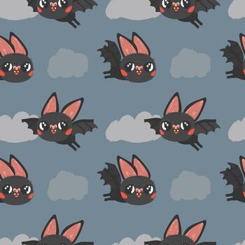 Seamless pattern of a cute bats flying in the sky with clouds on a dark background. vector