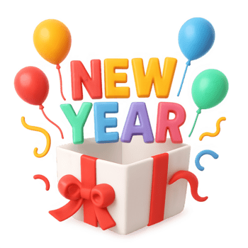 Vibrant 3D Render of an Open White Gift Box with a Red Bow, from which Colorful 'NEW YEAR' Text, Balloons, and Confetti Emerge, Symbolizing Surprise and Festive Celebration png